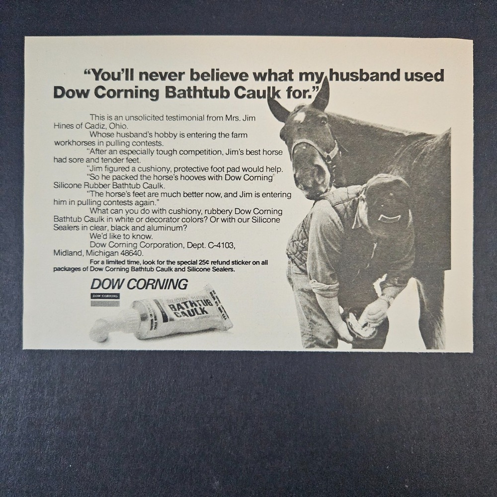1974 Dow Corning Bathtub Caulk Vintage Print Ad Midland MI Horse Farrier Rubber